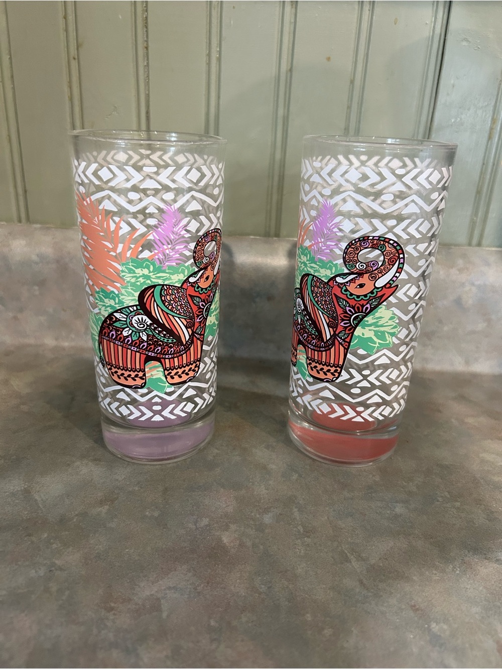 Colorful Elephant Glass Tumbler - Set of 2 - Coral and Lavender Accents